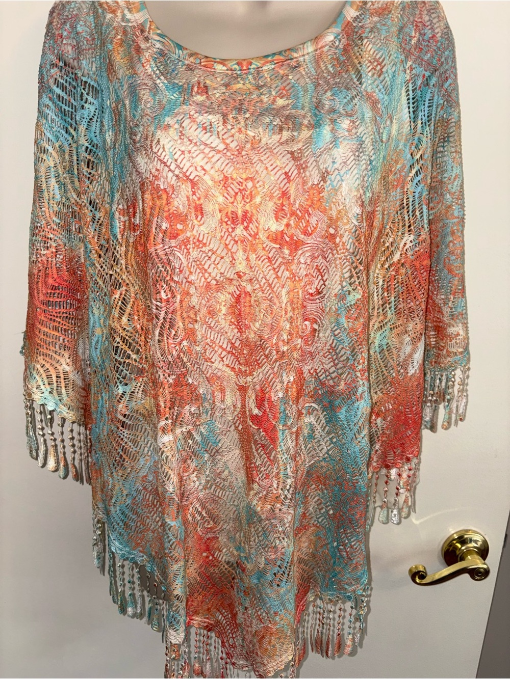 Reba Coral, Aqua & Cream Crochet Fringe Tunic